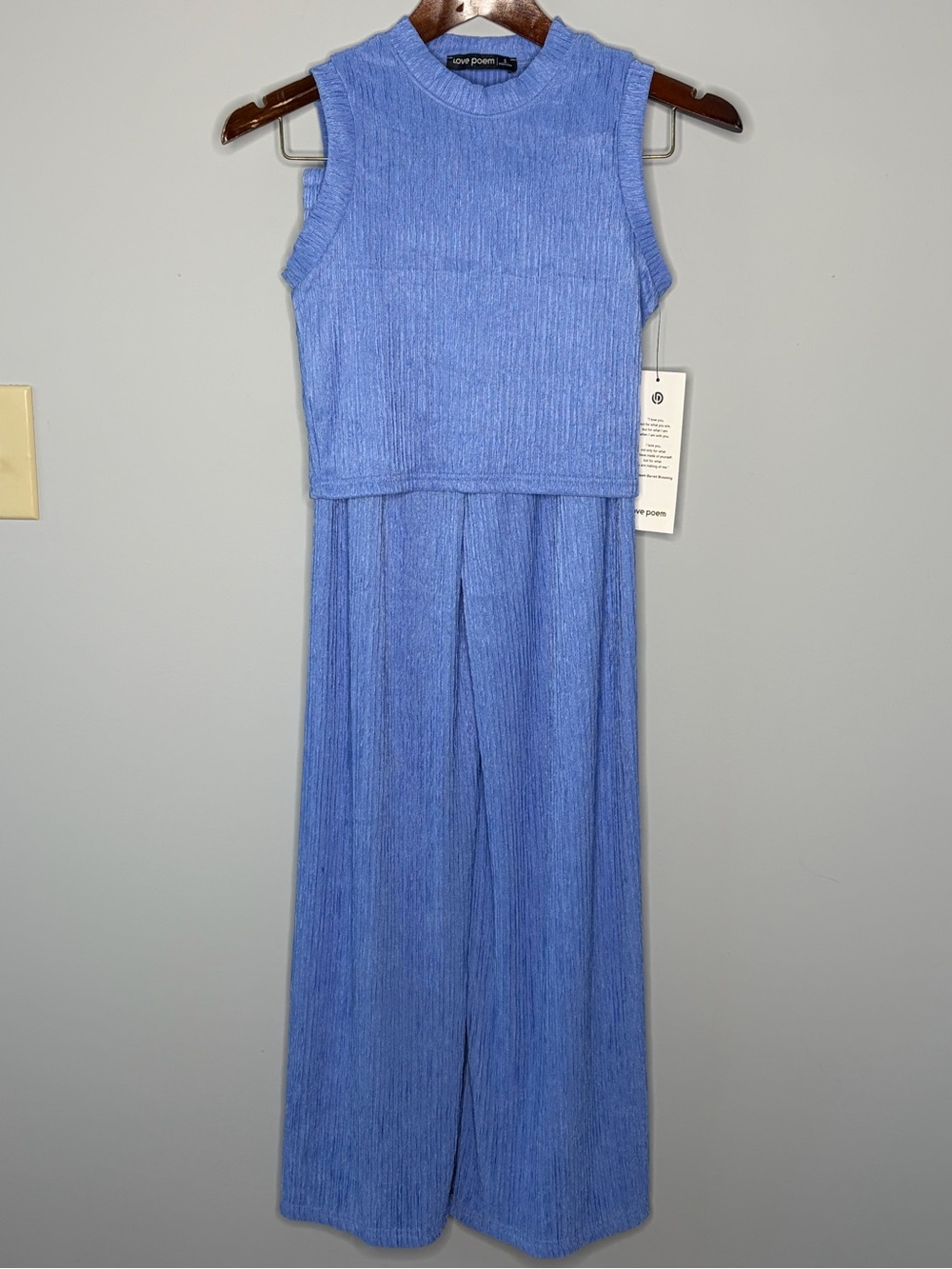 NWT Love Poem Plisse 2 Piece Set Sleeveless Crop Top Wide Leg Pants blue small - Picture 2 of 11